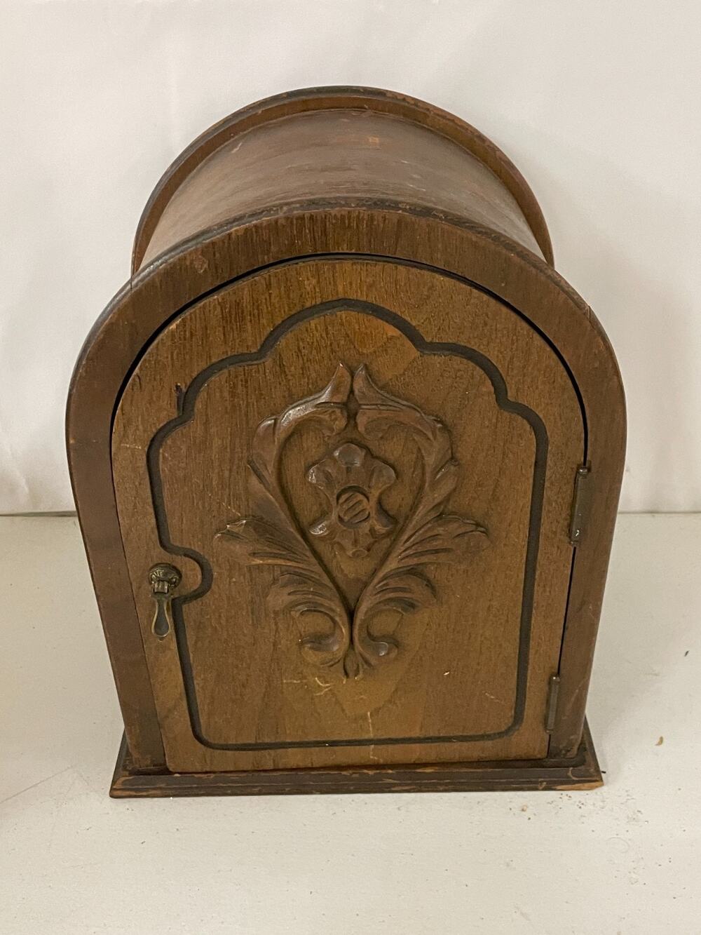 Vintage Wooden Cathedral Clock Case Cabinet Shrine Arched Door Angel Figurine